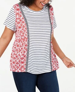Style & Co (JN20-48*) Plus Cotton Mixed-Print Knit Top Red Multi Sz 1X $49.50 - Picture 1 of 3