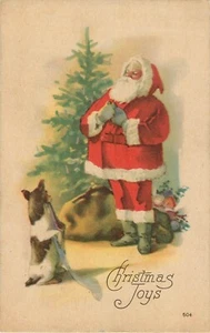 Tarjeta postal vintage de Navidad de 1920 Alegrías de Navidad Santa Claus linda tarjeta fabulosa de perro - Imagen 1 de 2