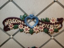 Vintage Home Interiors Welcome Friends Metal Plaque Heart Flowers 13081 Homco