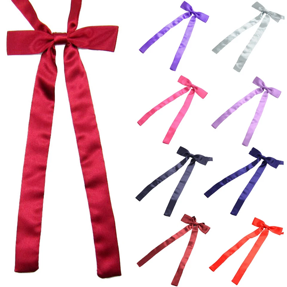 Women Girl Solid Color Satin Long Bow Tie Adjustable Tie Wedding Party Necktie  - Image 1 of 1