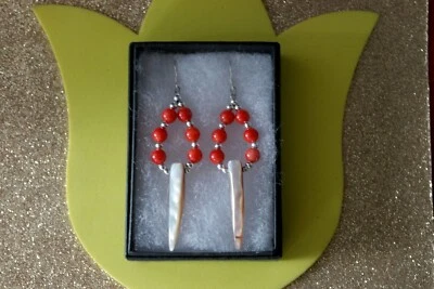Beautiful Mother Of Pearl & Red Coral Earrings 7 Gr. 6 Cm. Long + Hooks In Box - image 1 of 4