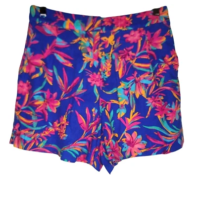 Pantalones Cortos J.Crew Mezcla de Lino Tiro Alto 6 Azul Rosa Floral Plisado Bolsillos Tropical Foto 1 de 4