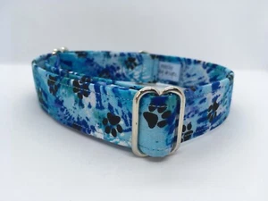 Handmade 1” House Collar For Dogs (Greyhound/Sighthound) Blue Tie Dye Paw Prints - Picture 1 of 3