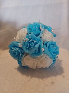 Artificial Foam Rose Flower Bouquet/Posy/Wedding/Bride/Blue & White