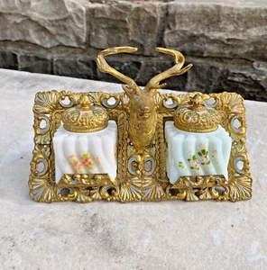 Antiker emaillierter Messing Hirschkopf Doppel Tintenfass ANKER S.P. co. - Bild 1 von 17