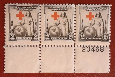 US 1931 2c Tira MNH con Número de Placa 20468 Cruz Roja Cambio Mi 332 Scott 702 2134 Foto 1 de 3