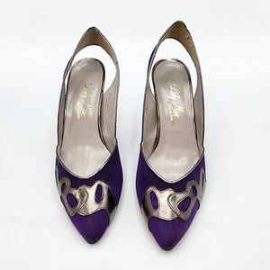 Lady Mia Purple Silver Heels Pointed Toe Slingback Pump Women's 9 Fabric Spain - Picture 1 of 7