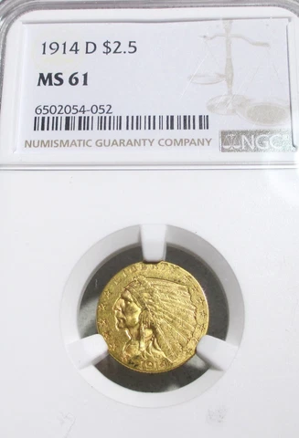 1914-D GOLD $2.5 DOLLAR INDIAN HEAD QUARTER EAGLE NGC MS61 RARE US COIN Cover
