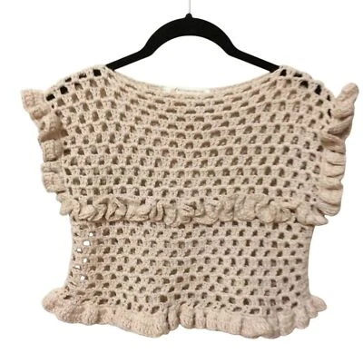 HANDMADE CROCHET CROPPED SWEATER VEST KNIT TOP BEIGE RUFFLES BOHO COTTAGECORE S - Image 1 of 4