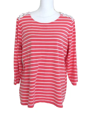 Susan Graver 珊瑚白条纹针织上衣带蕾丝细节肩 XL 码 — 第 1/4 张图片