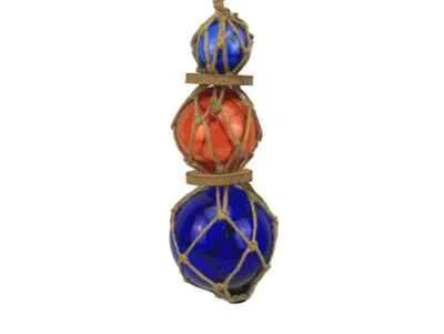 Reproduction Triple Dark Blue Orange Japanese Fishing Float Glass Balls w/Jute - Image 1 of 3