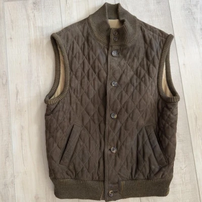 Enrico Mandelli Milano Mens Vest Quilted Suede 100% Cashmere Lined Size 44 Italy - Image 1 of 4