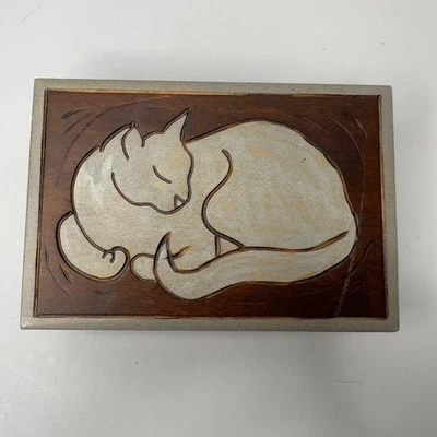 Wooden Trinket Box Sleeping Cat Carving Vintage Hinged Lid Decorative Keepsake - Image 1 of 4