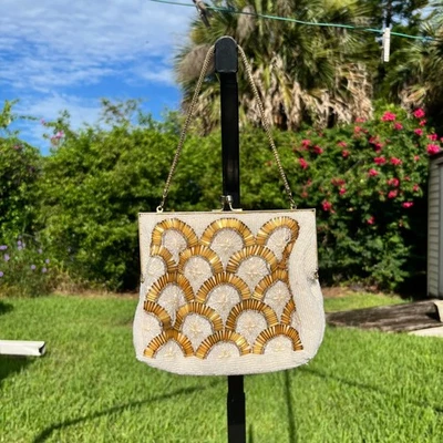 Bolso de Noche Vintage Completamente Cuentas Art Deco Cadena Metal Asa Superior Forrado Satinado Foto 1 de 4