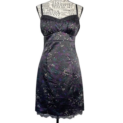 Guess Los Angeles Satin Cocktail Dress Womens Size 10 Black Purple Print Bodycon - Image 1 of 4
