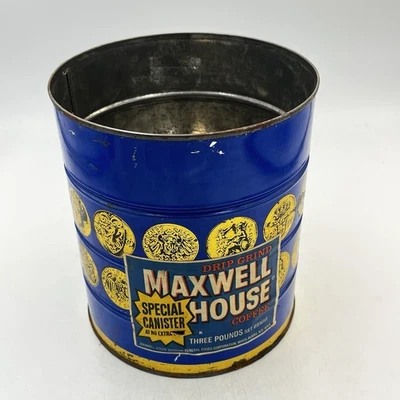 Vintage Maxwell House Coffee Canister 3 LB Blue Yellow Tin – Rare Promo - Image 1 of 4