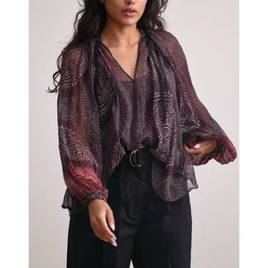 Ulla Johnson Pauline Langarm Seidenbluse in Granat transparent Gr. 2 Bauerntop - Bild 1 von 9