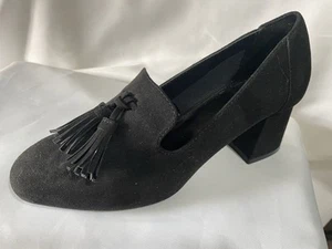 Next Black Suede Fabric Block Heel Shoes Size 4 Wide - Picture 1 of 10
