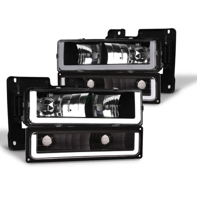 Topline For 1988-2000 Chevy C10 C/K Black LED Strip Bar Headlights+Bumper Signal Foto 1 de 4