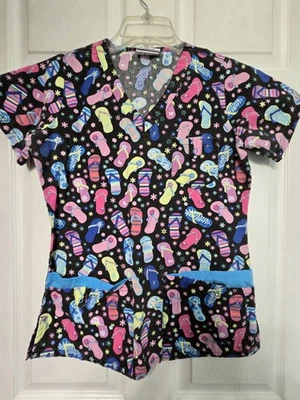 UA Scrubs Scrub Top size XS-Black/Pastel-FLIP FLOP BALLET-Chest 19.5"/L 25" - Image 1 of 4