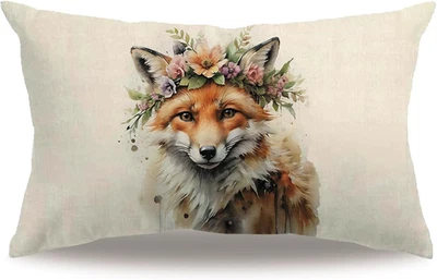 Animals Lumbar Throw Pillow Covers,12X20 Inch Floral Fox Watercolor Wildlife Cus - Image 1 of 4