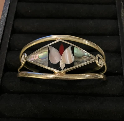 Alpaca Silver Mexico Abalone Grape Vine Flower Inlay Cuff Bracelet 6" - Image 1 of 4