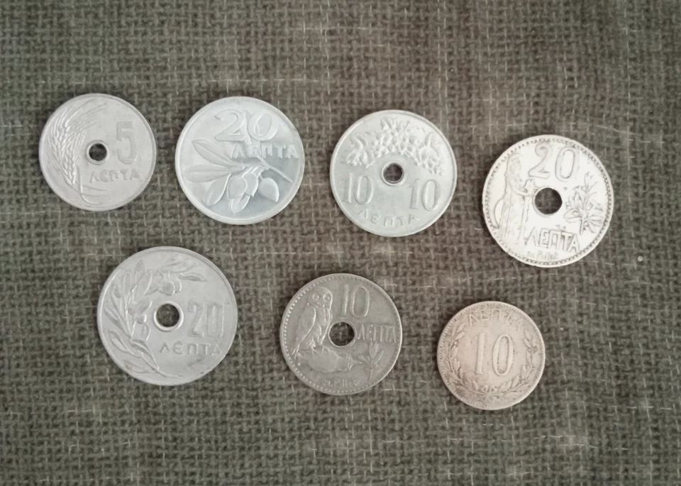 Vintage Greek Lepta Coin Lot (7 pcs) – 5, 10, 20 Lepta – 20th Century & 1912 Owl - Image 1 of 2