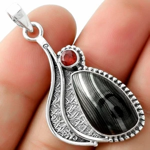 Crown Of Silver Psilomelane - Black Malachite & Garnet 925 Silver Pendant P-1467 - Picture 1 of 5
