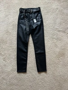 THE KOOPLES JEANS FRANKY 24 SHORT LEATHER EFFECT SKINNY BELTED BLACK PANTS NEW - Picture 1 of 9