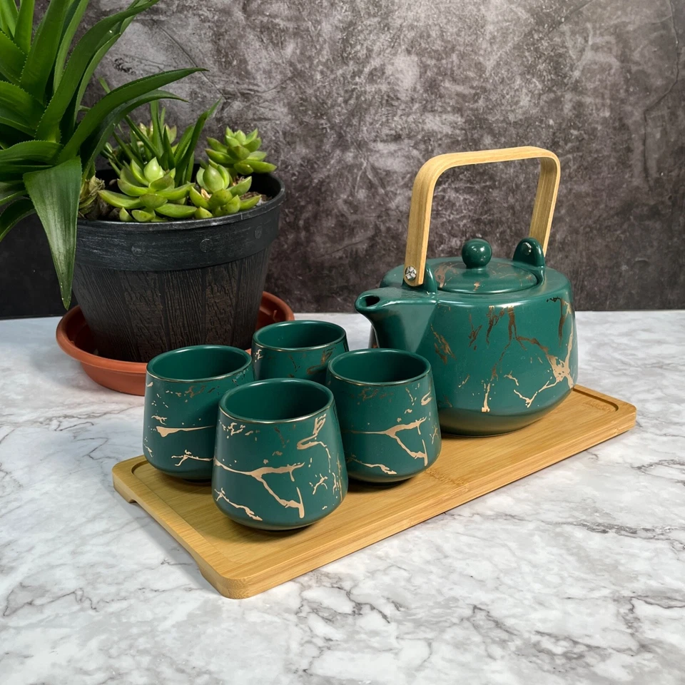 Juego de té de kung fu Morden dorado con patrón aleatorio con bandeja de bambú - verde, juego de Foto 1 de 4