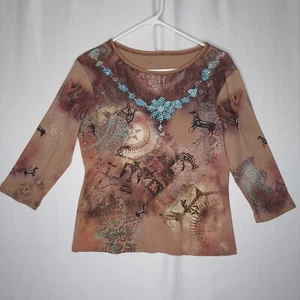 Kaktus 90er Vintage Top Damen groß braun Western türkis Perlen 3/4 Küsten Cowgirl - Bild 1 von 7