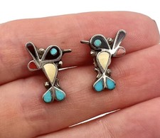 Native American Zuni Multi Stone Inlay Sterling Silver Hummingbird Stud Earrings