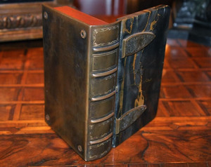 Antique Box Book Cover Marble Portor Brass Wood Shaped Curious Rare Old 19th