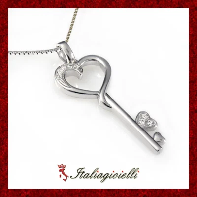 Collana Brillante Chiave del Cuore in Argento 925 Rodiato Oro Bianco - Immagine 1 di 4