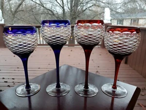 Wine Hocks & Water Goblets Cobalt Blue & Red Cut to clear Crystal Glass Diamond - Picture 1 of 24