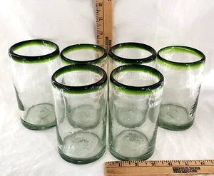 6 Mexikanische Mundgeblasene Glasgläser mit grünem Rand unregelmäßig Trinken Bar 16 Unzen - Bild 1 von 24