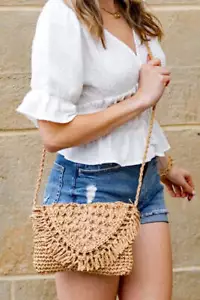 Sofia Foldover Straw Crossbody Bag Woven Exterior Top Zip Closure Pocket - Picture 1 of 7