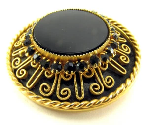 Vintage Round Black and Gold Medallion Pin w black rhinestones 1 3/4” - Picture 1 of 8