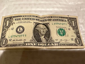 FANCY SERIAL NUMBER $1 ONE DOLLAR BILL 07747377 Circulated Lucky 7 - Picture 1 of 2