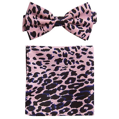 New Men's Pre-tied Bow Tie & Pocket Square Hankie set leopard pink black formal - Image 1 of 4