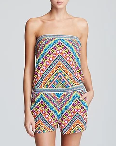 NWT $150 Trina Turk Peruvian Stripe Bandeau Romper Swimsuit Cover-up Women's S - Picture 1 of 7