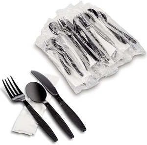 MT Products Black Individually Wrapped Plastic Cutlery Set - Pack of 250 - Picture 1 of 9