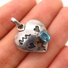 925 Sterling Silver Vintage Real Blue Topaz Gem Heart Design Pendant