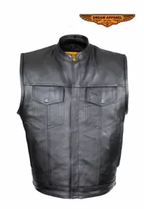 Motorcycle Club Defender Vest Naked Cowhide Leather Multi Pocket Rounded Collar - Picture 1 of 11