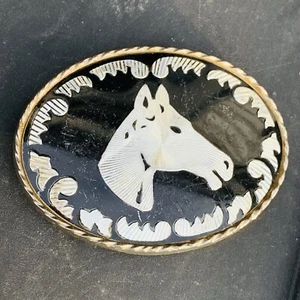 Vintage German Silver Belt Buckle Western Horse Head Ribbon Scroll Two Tone - Picture 1 of 4