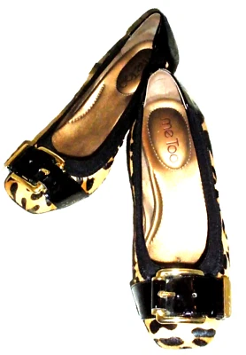 Zapatos de salón ME TOO MARRÓN/TOSTADO PELO DE VACA NEGRO CHAROL RIBETE MULES TACONES MOCASINES 6M Foto 1 de 4