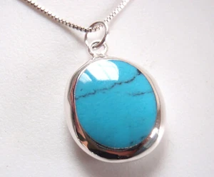 Reversible Mother of Pearl Simulated Turquoise 925 Sterling Silver Oval Necklace - Picture 1 of 4