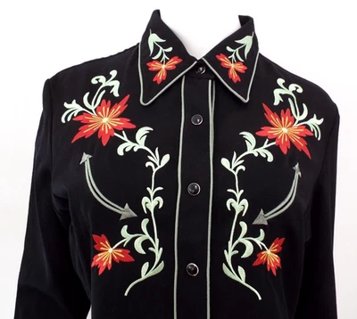 Camisa de vestir Scully para mujer bordada floral negra occidental broches a presión mediana roja dorada Foto 1 de 4