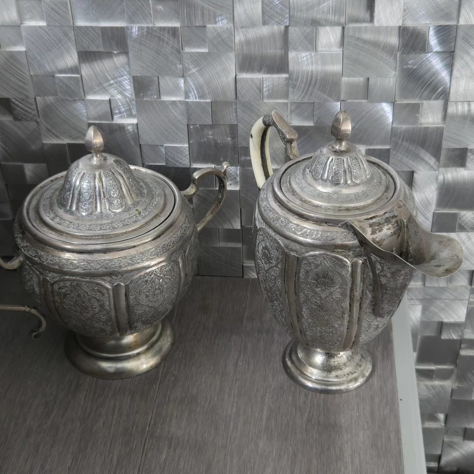 A Beautiful Set Of solid 84 Silver Middle Eastern  Sugar Bowl And Creamer - Image 1 of 4