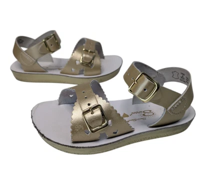 Sun San Sweetheart 金色金属凉鞋 8 码幼儿扣皮革肩带 — 第 1/4 张图片